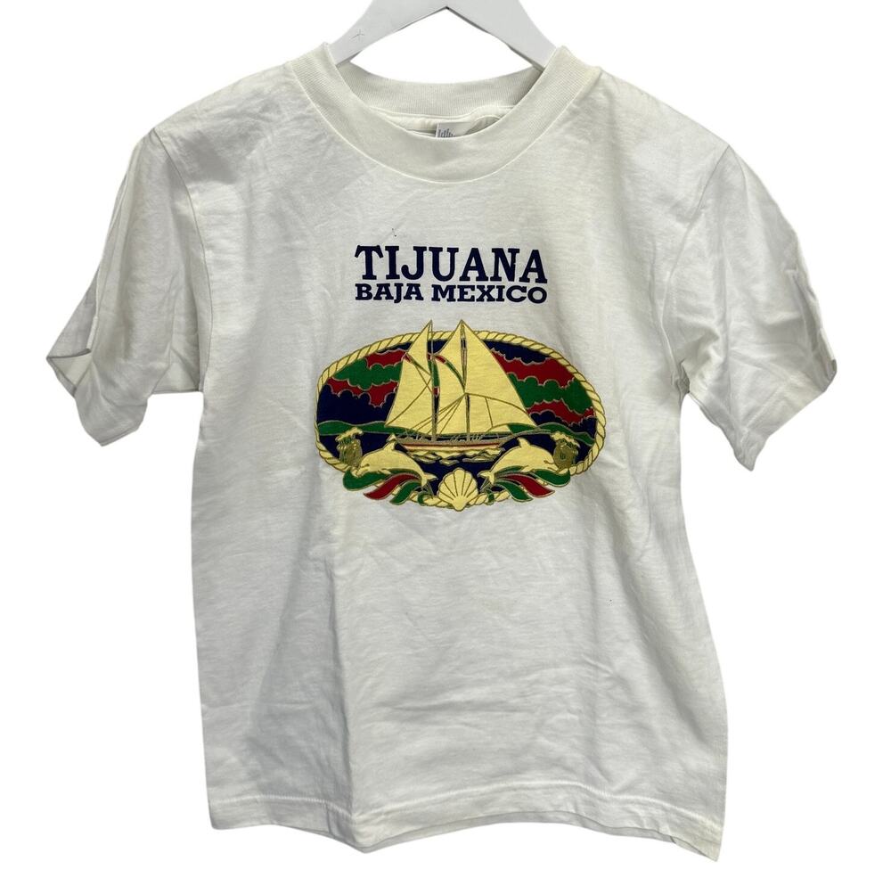 Vintage Tijuana Baja Mexico T-Shirt Kids Size M White Sailboat Dolphins Graphic